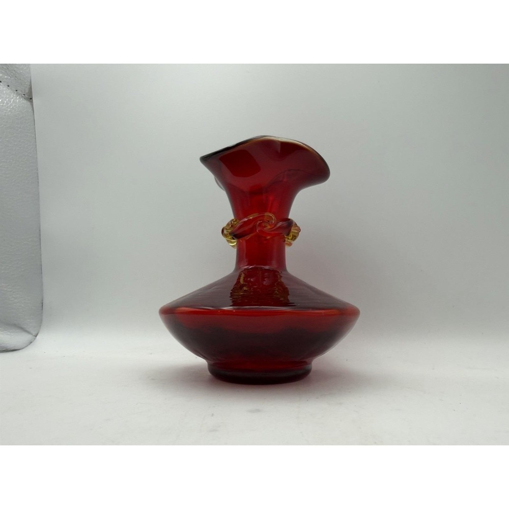 Vintage Amberina Art Glass Bud Vase Ruby Red Ruffled Rim Applied Amber Collar 4"